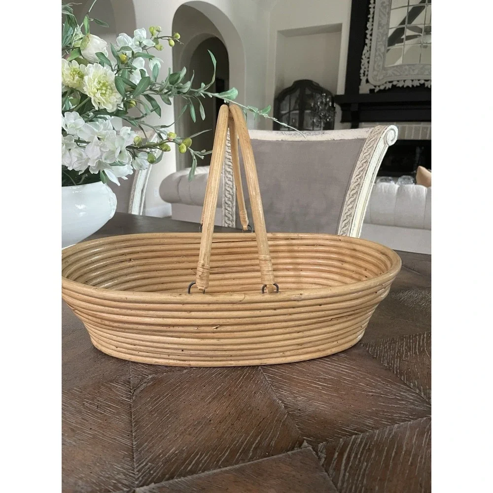 Vtg Pencil Reed Oval‎ Handled Basket Coiled Natural Bamboo Boho 1970s MCM